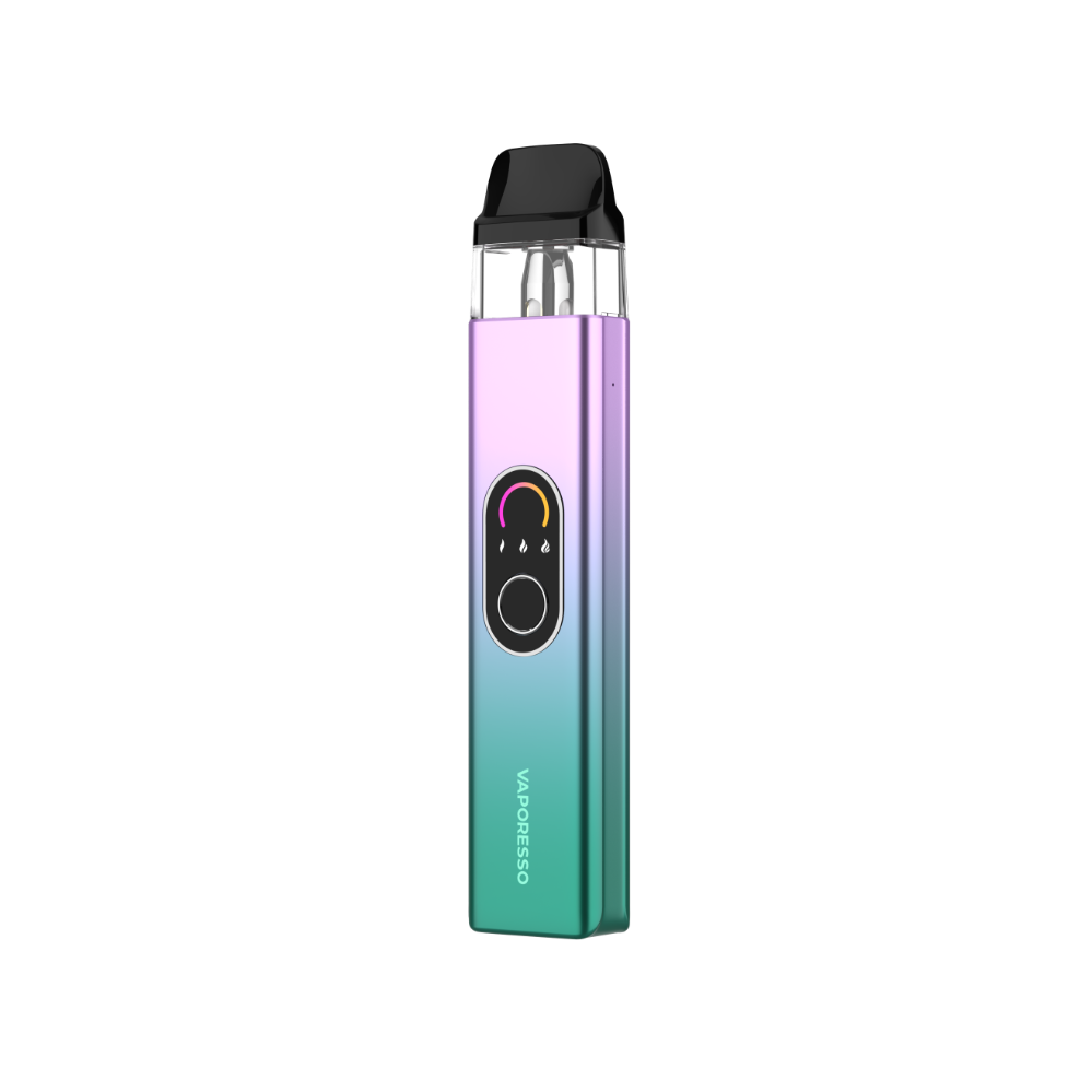 Vaporesso XROS 4 vape device in gradient design with display and button, showcasing modern vaping technology.