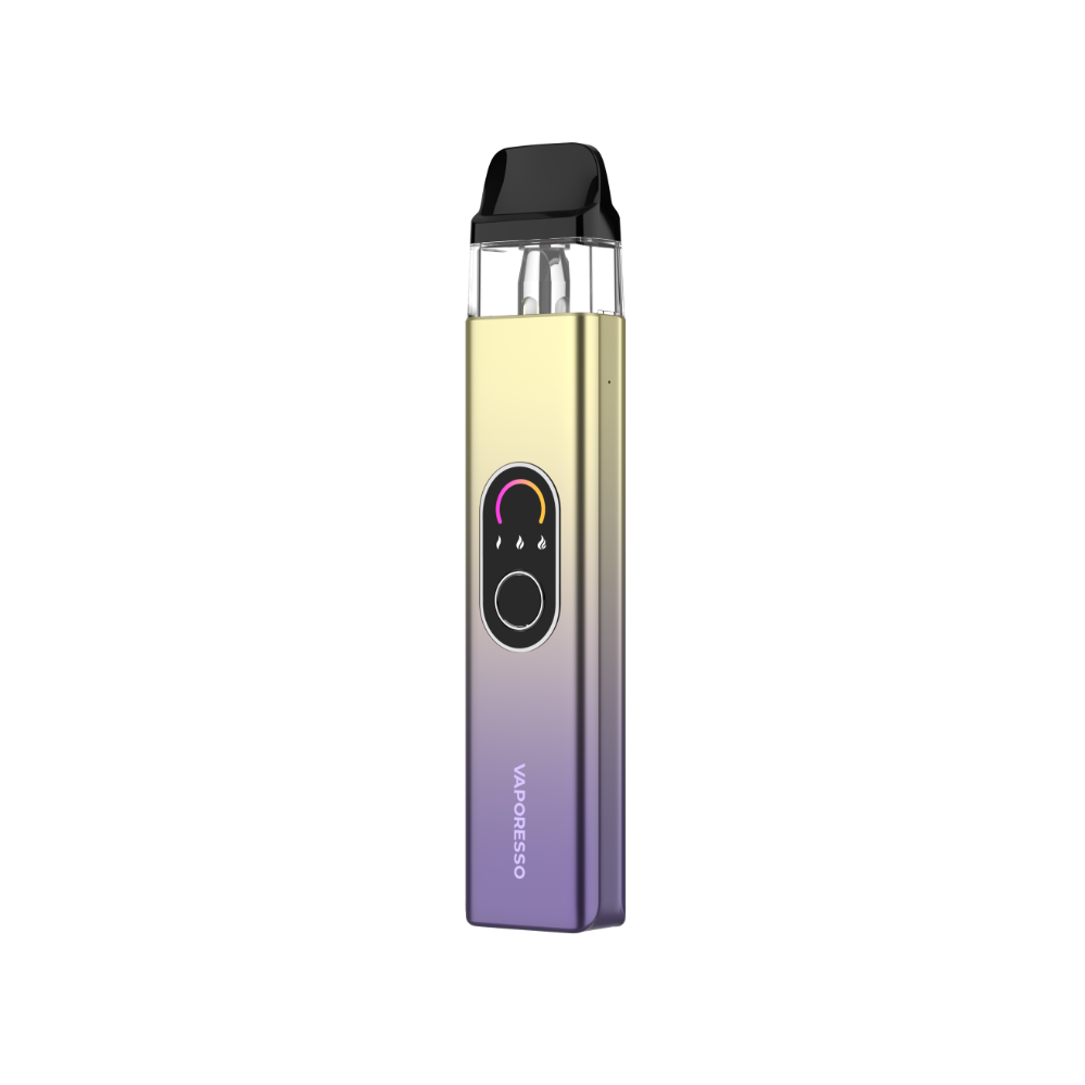 Vaporesso XROS 4 vape device in gradient yellow-purple, featuring display and button, a modern vaping technology.