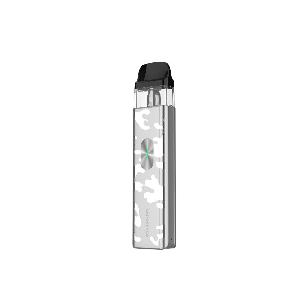 VAPORESSO XROS 4 Mini in silver and white camouflage design, featuring the VAPORESSO logo, compact vaping device