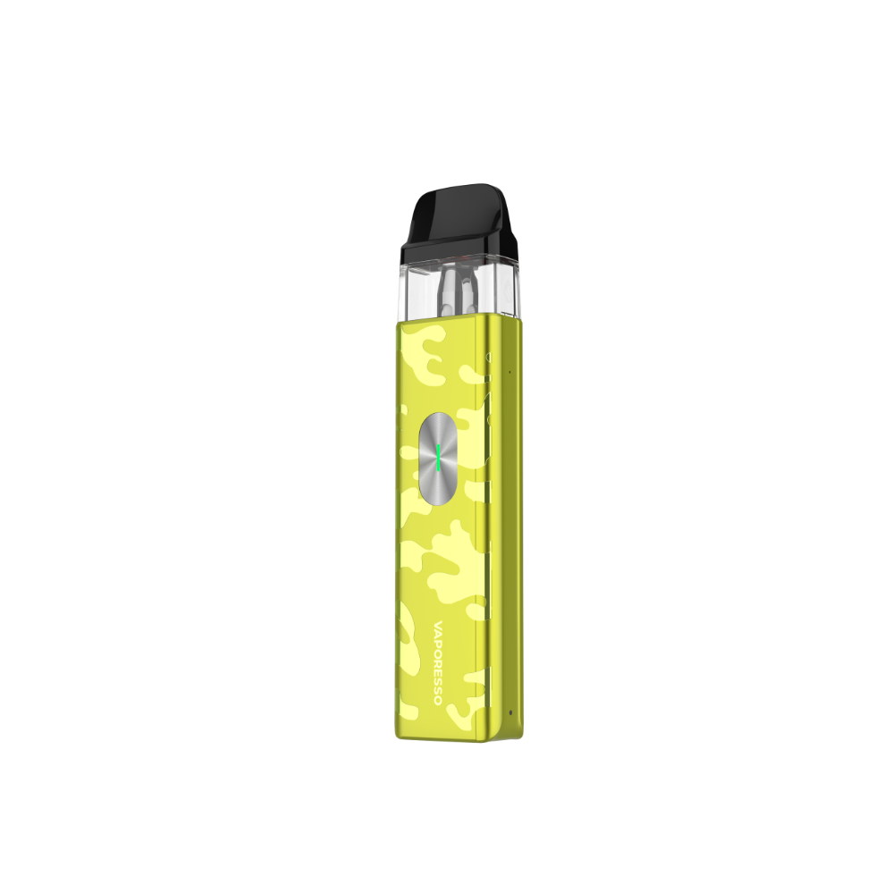 VAPORESSO XROS 4 Mini in yellow camouflage design, featuring a 0.4惟 pod for enhanced vaping experience.