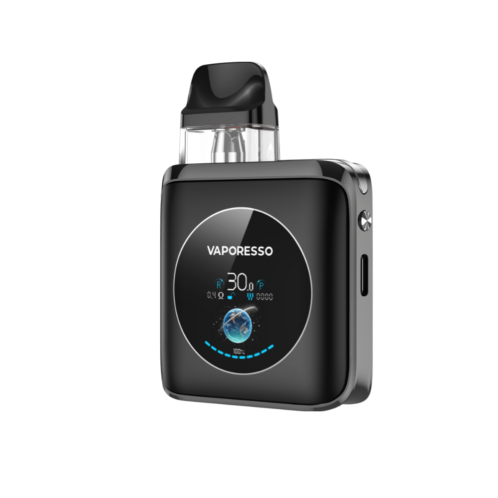 VAPORESSO XROS 4 Nano in Black with TFT Screen displaying power and settings, 30W MAX output.
