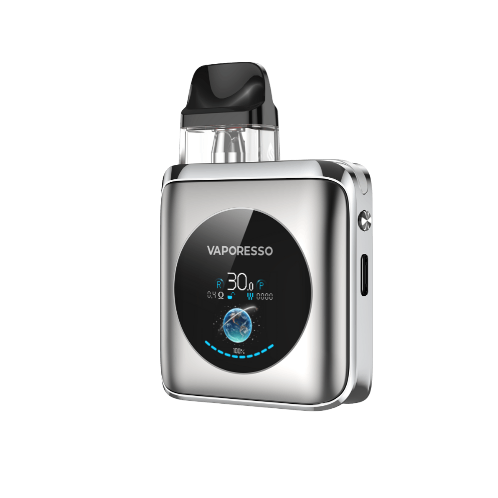 VAPORESSO XROS 4 Nano pod vape in silver, featuring a black display screen and black pod. 30W MAX output.