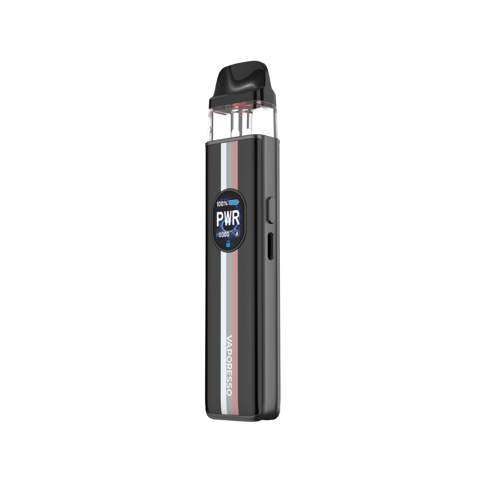 VAPORESSO XROS 5 vape device in black with display showing power settings and battery life