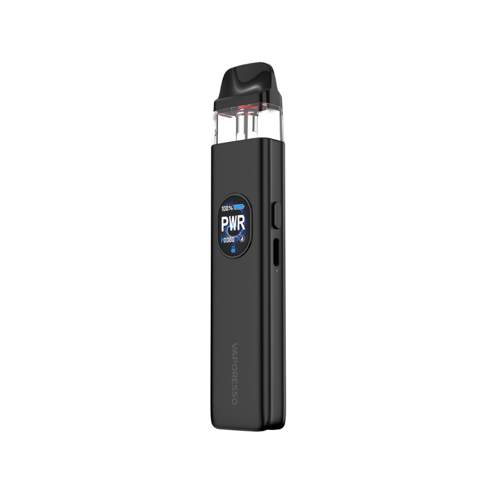 VAPORESSO XROS 5 in black, featuring a display showing battery and power settings.
