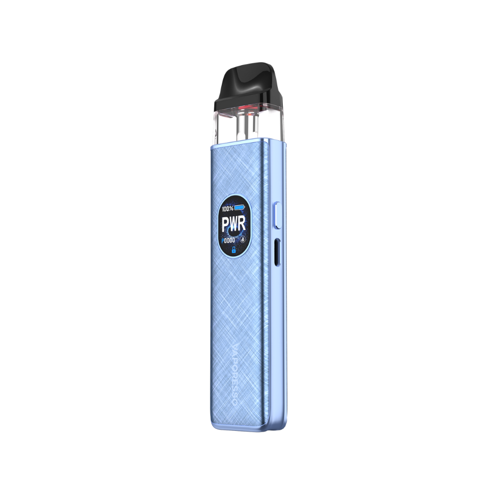 VAPORESSO XROS 5 light blue vape, featuring PWR settings on screen, vaping technology
