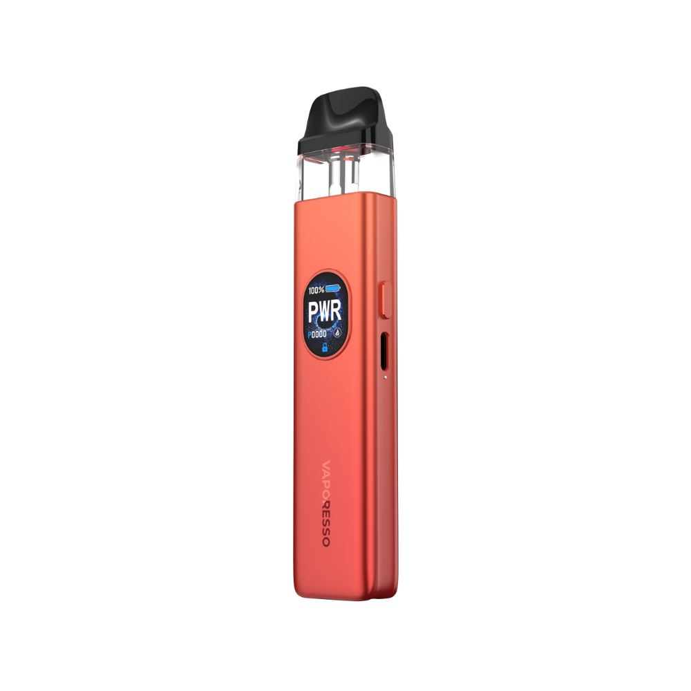 VAPORESSO XROS 5 in coral red, displaying PWR settings on screen, showcasing vaping technology.