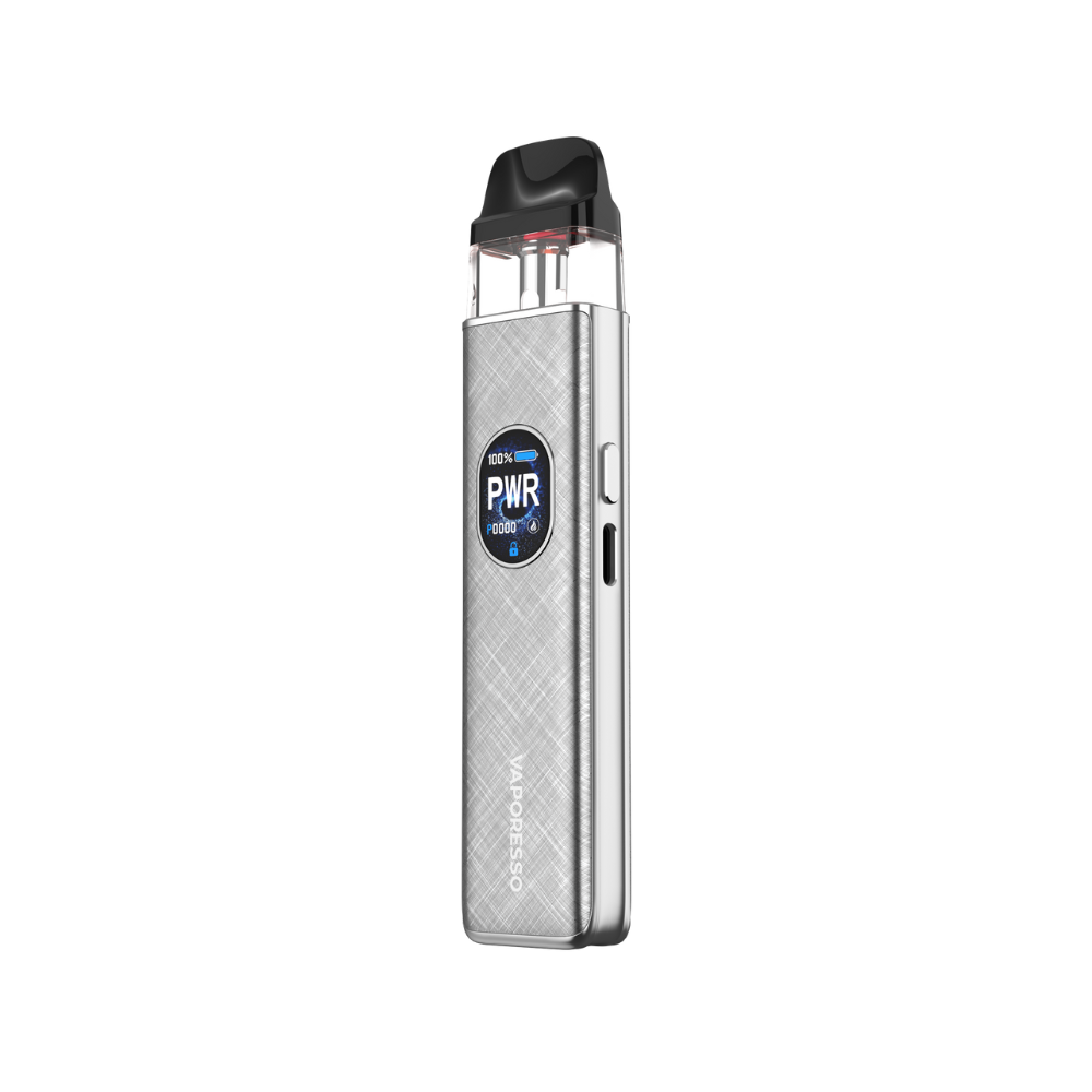 VAPORESSO XROS 5 vape device in silver, showing power settings on screen, featuring vaping technology
