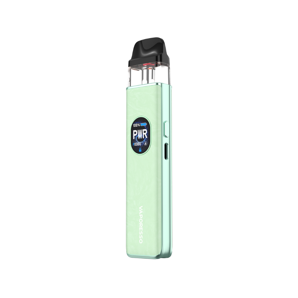 VAPORESSO XROS 5 in light green, displaying PWR settings and battery level