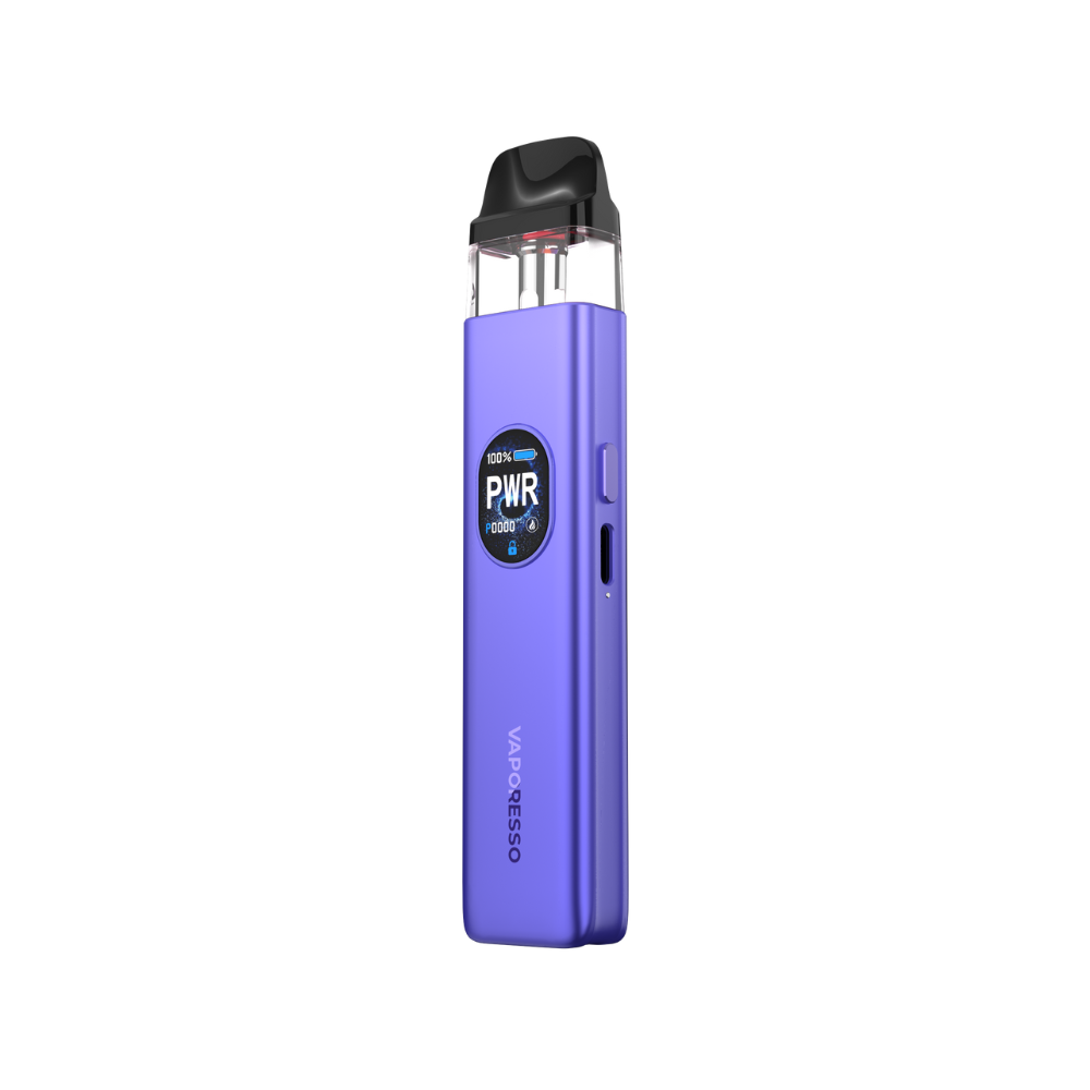 VAPORESSO XROS 5 in a vibrant purple hue, featuring a display showing PWR settings.