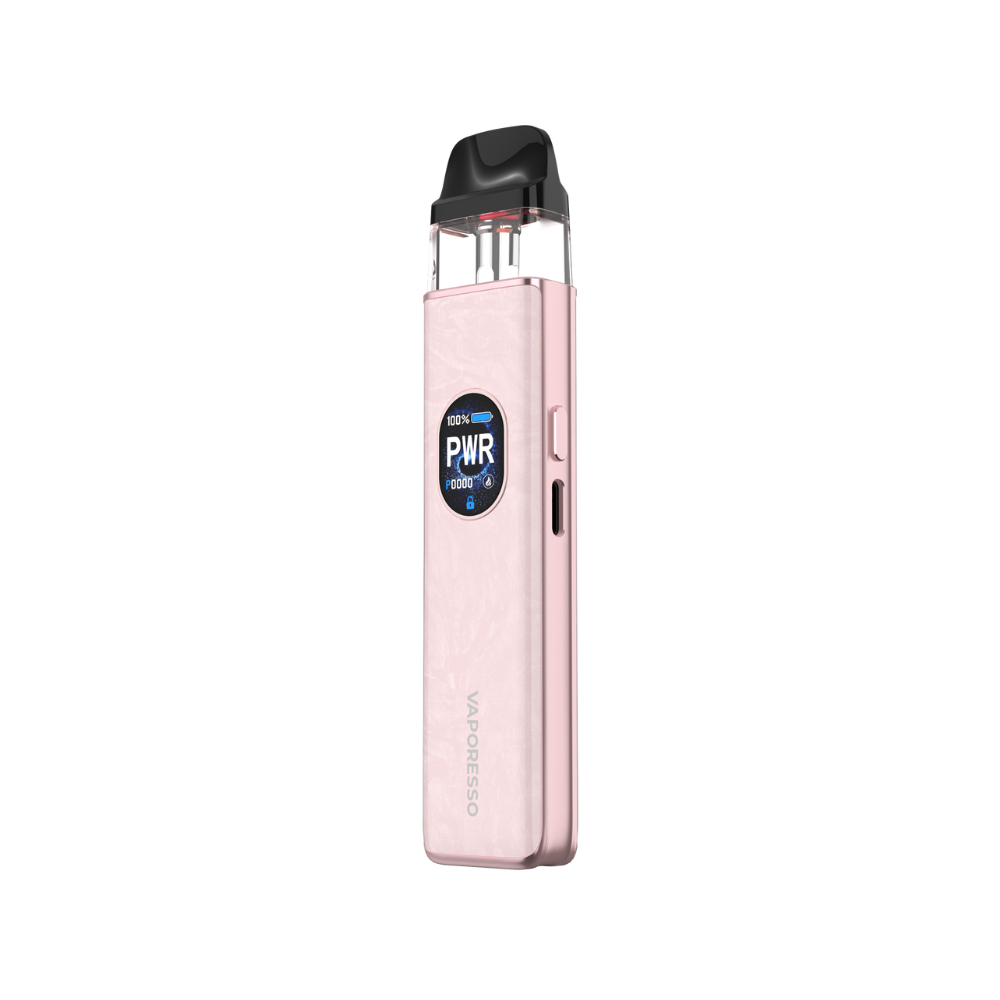 VAPORESSO XROS 5 vape device in pink, featuring a display showing PWR settings and battery life.