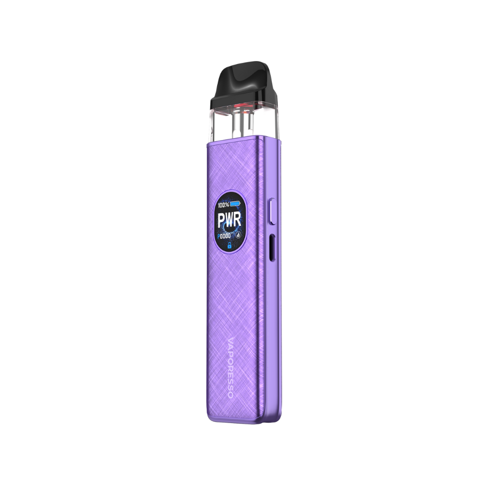 VAPORESSO XROS 5 in purple, showing PWR settings and battery life on screen, featuring modern vaping technology