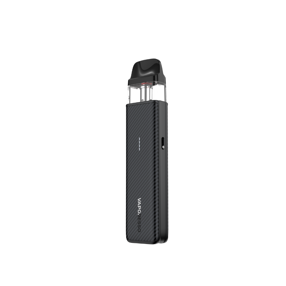 VAPORESSO XROS 5 Mini black vape pen with carbon fiber texture, MTL device