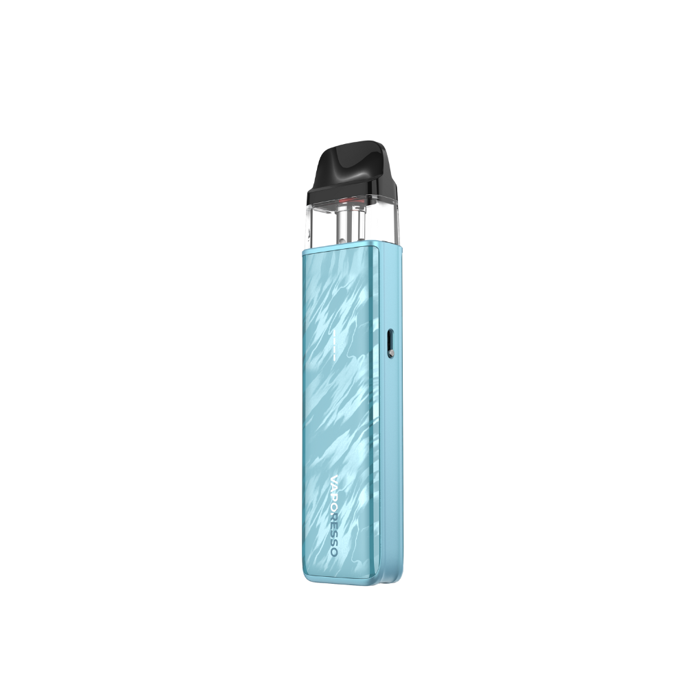 VAPORESSO XROS 5 Mini in light blue with unique texture and black mouthpiece, MTL vape device