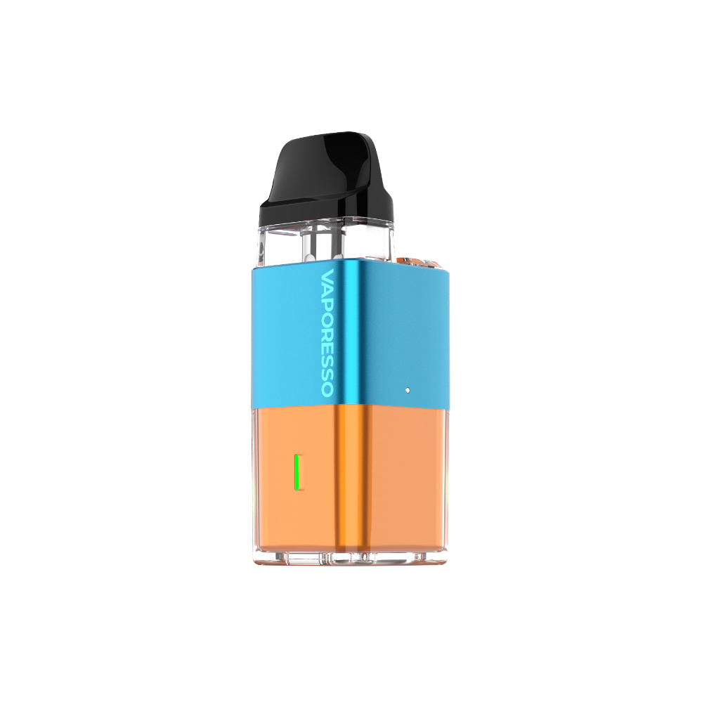 Vaporesso XROS Cube: Compact MTL vape device in blue and orange, featuring COREX technology.