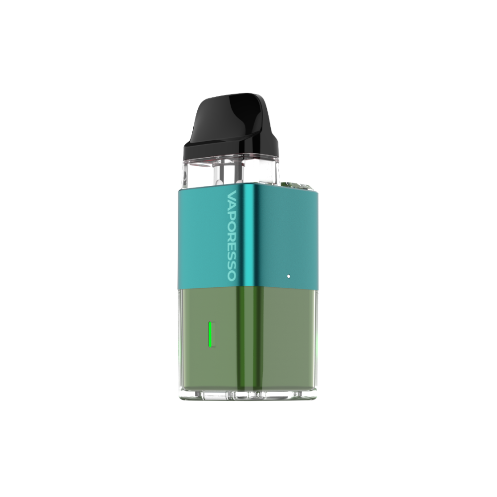 Vaporesso XROS Cube MTL vape device in teal and olive green, featuring adjustable airflow and COREX technology.