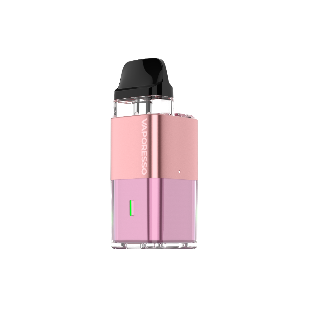 VAPORESSO XROS Cube in rose gold and pink. Compact MTL vape device with 'VAPORESSO' branding