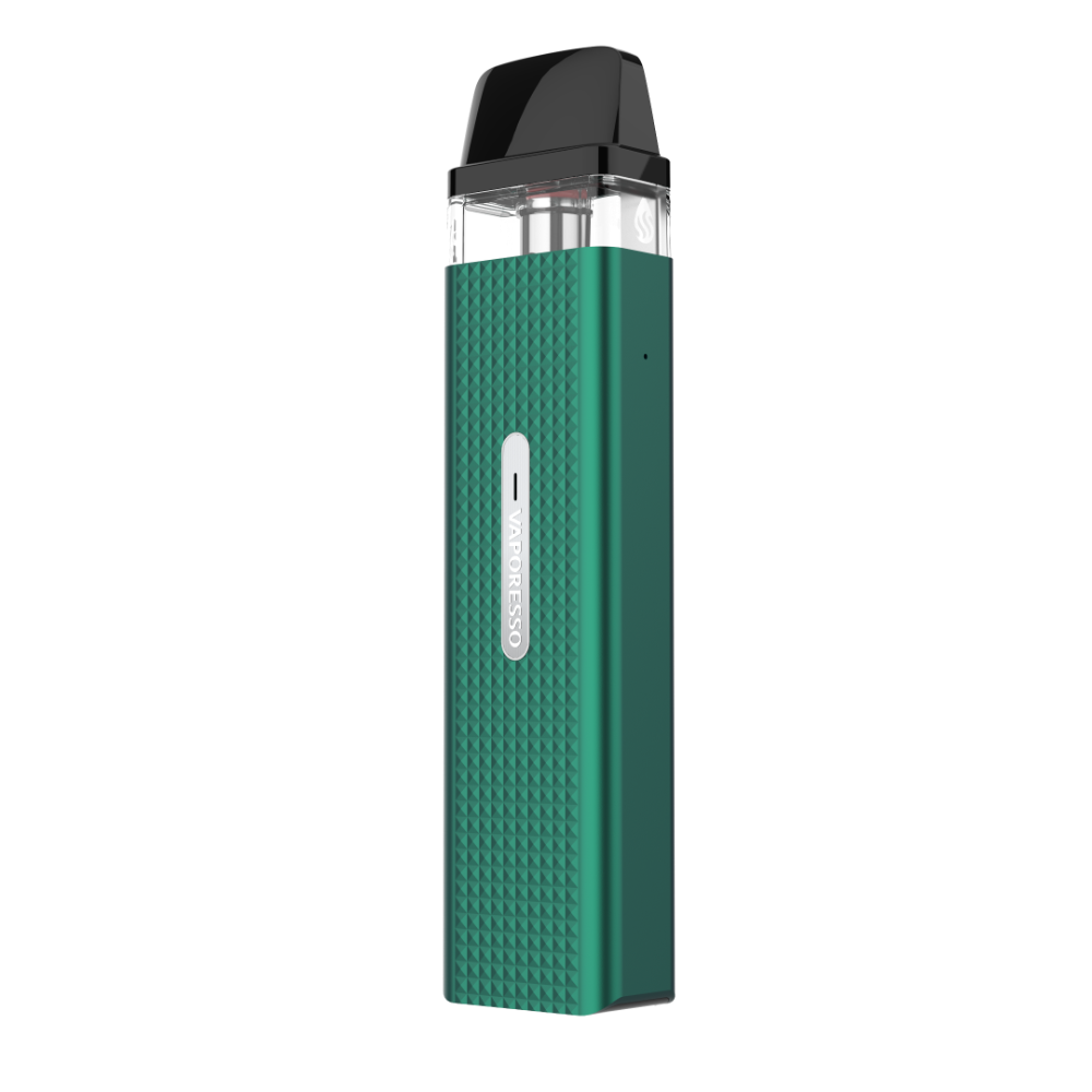 Vaporesso XROS Mini in teal, diamond pattern, with VAPORESSO logo. Compact MTL vaping device.