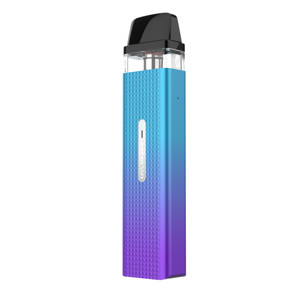 Vaporesso XROS Mini vape device, featuring gradient blue to purple color, diamond pattern, and Vaporesso logo.