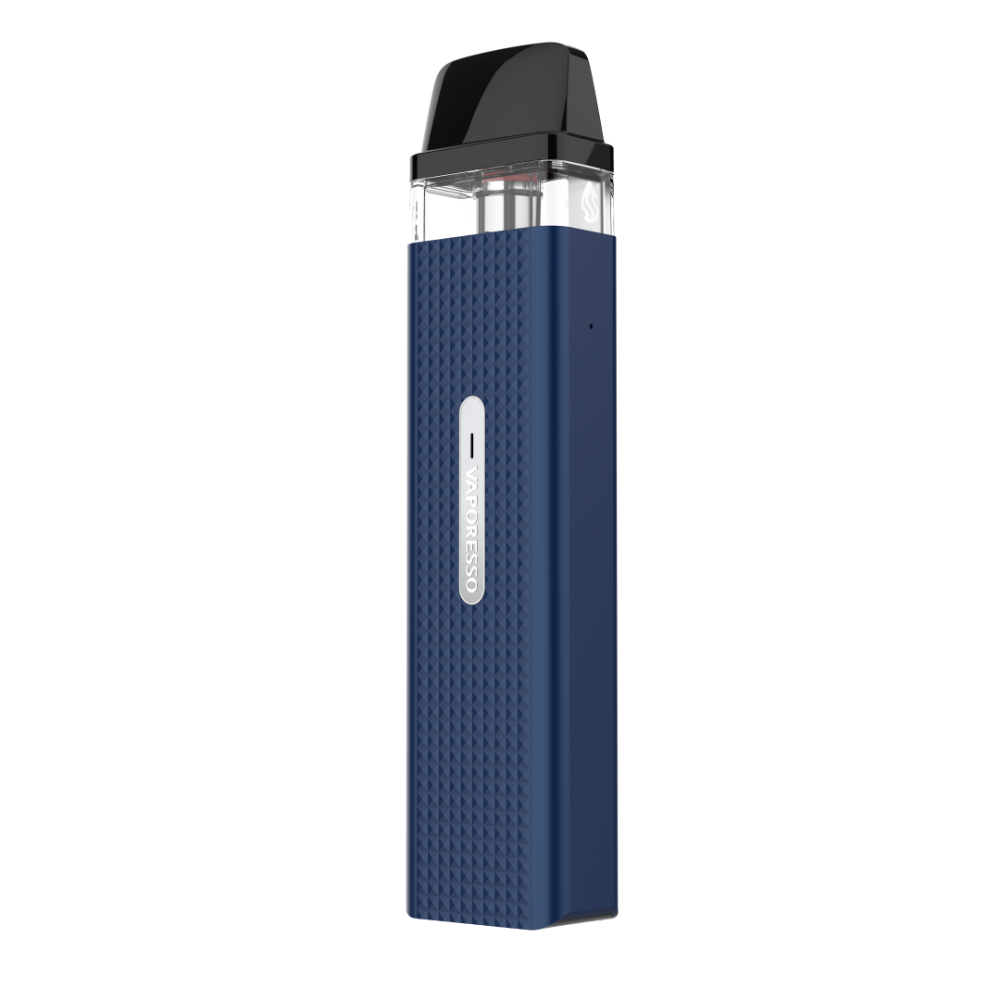Vaporesso XROS Mini vape device in dark blue with diamond pattern, featuring the Vaporesso logo.