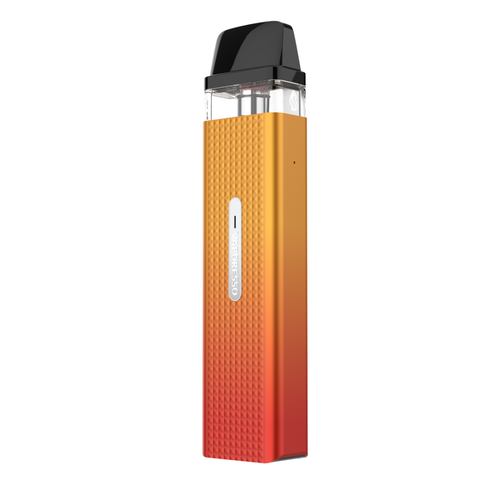Vaporesso XROS Mini vape device in orange-red gradient with diamond pattern and Vaporesso logo.