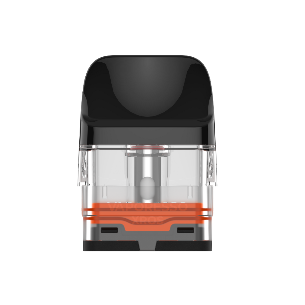 VAPORESSO XROS pod with clear tank, black mouthpiece, and orange accent. Ideal for the XROS series vaping experience.
