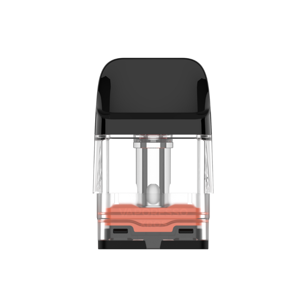 VAPORESSO XROS series pod with black mouthpiece and clear tank. Features orange accent for the vaping experience.