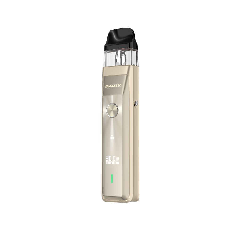 Vaporesso XROS Pro vape device in gold, featuring a digital display and sleek design.