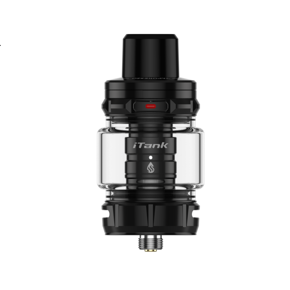 Vaporesso iTank 2 sub-ohm tank in black. Features the iTank logo and clear glass for e-liquid visibility.