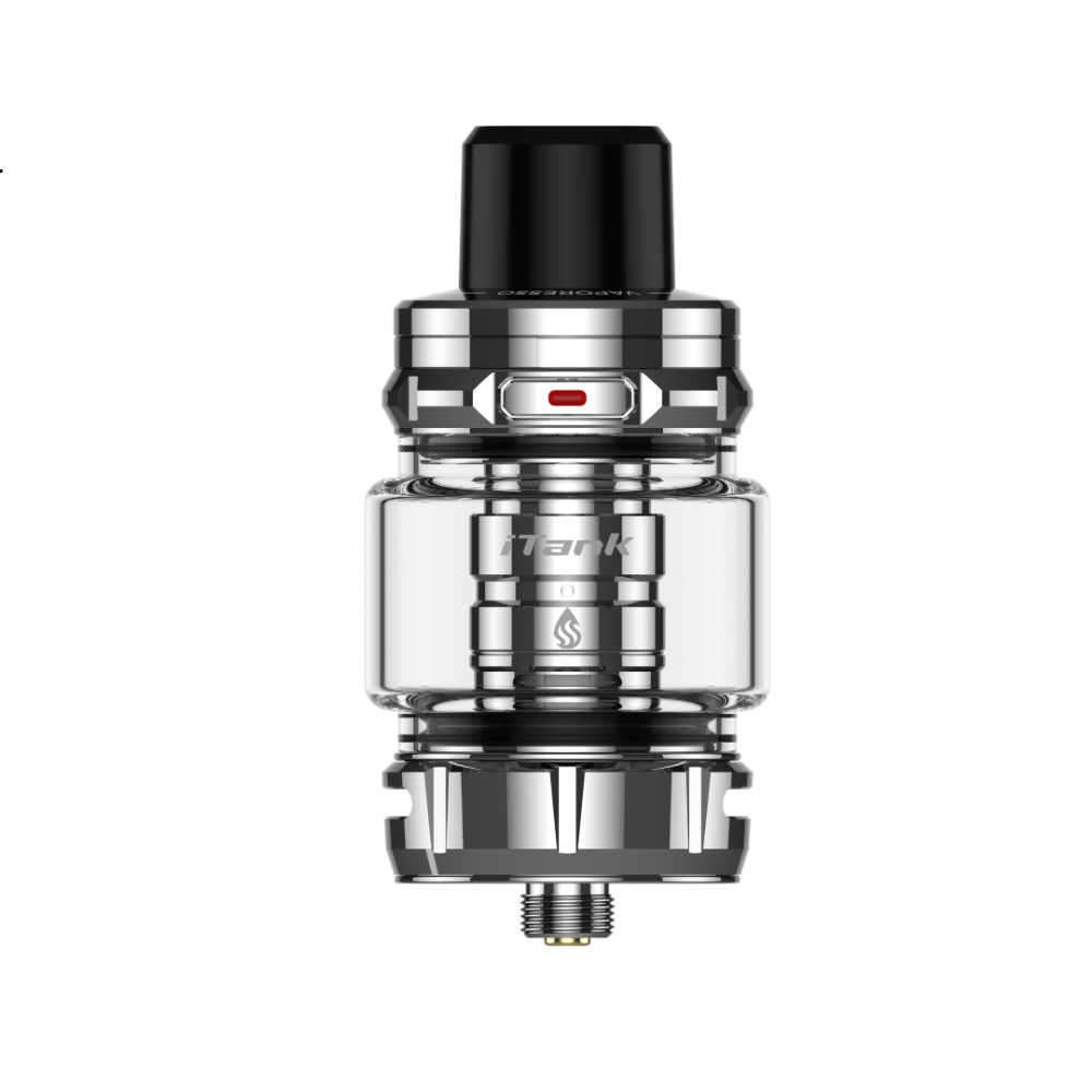 Vaporesso iTank 2 vape tank, stainless steel and glass. iTank logo, for superior vaping.