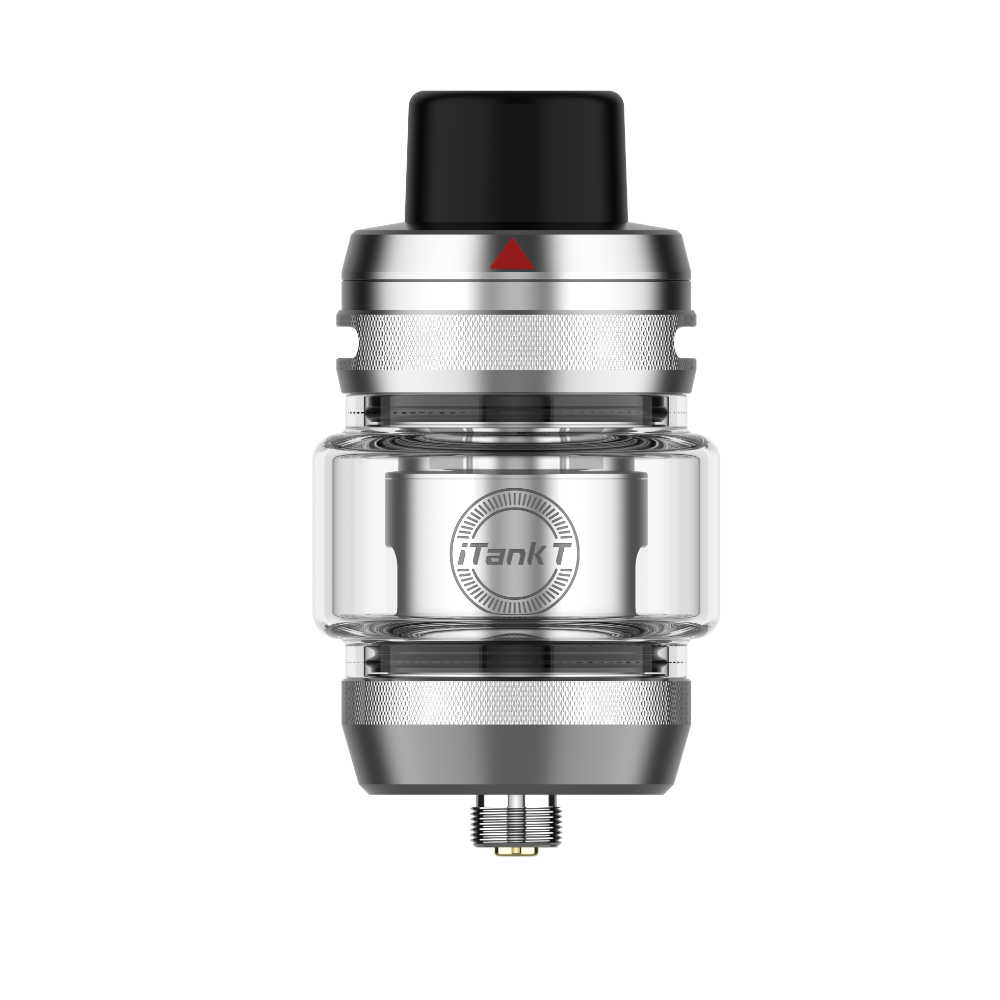 VAPORESSO iTank T vape tank, clear glass, silver and black design, with iTank T logo and top airflow