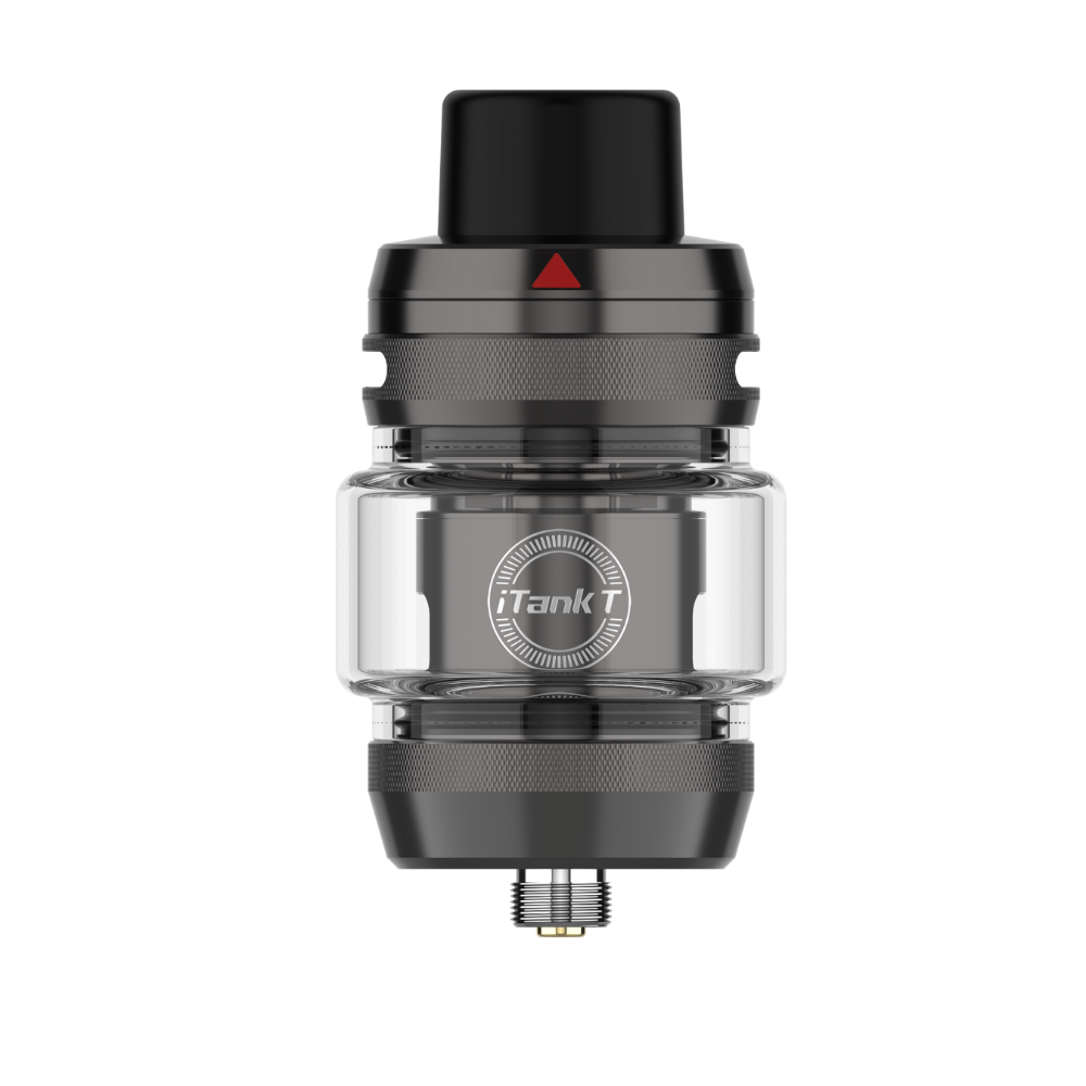 iTank T by VAPORESSO: Gunmetal and black vape tank with clear glass and logo, featuring top-filling and airflow.