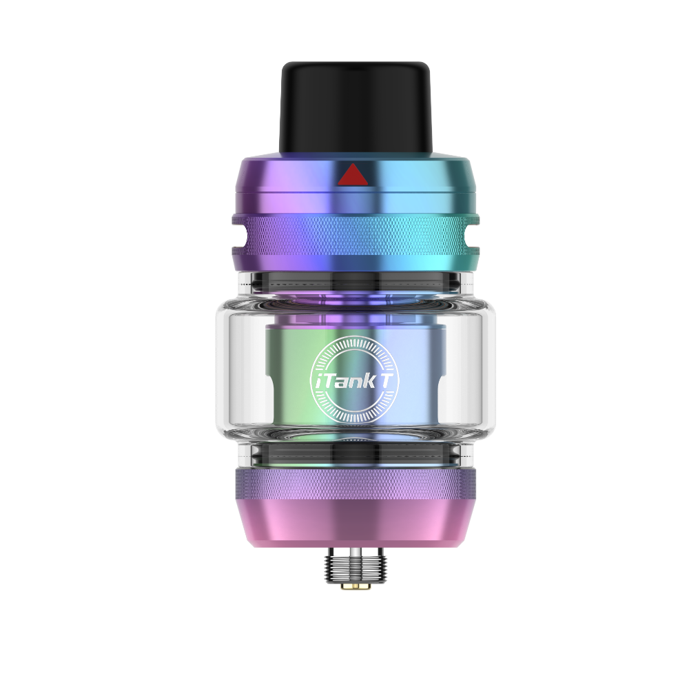 VAPORESSO iTank T vape tank with rainbow gradient, clear glass and iTank T logo, top-fill design