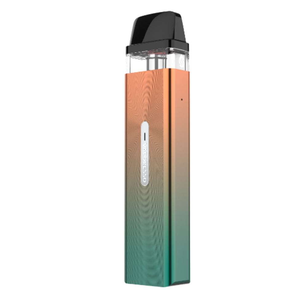 Vaporesso XROS Mini in orange-green gradient. Compact MTL vaping device with diamond pattern and Vaporesso logo.
