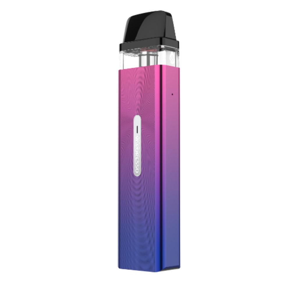 VAPORESSO XROS Mini vape device in gradient purple and blue, with diamond pattern, and VAPORESSO logo. Compact MTL vaping.