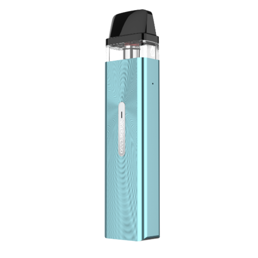 VAPORESSO XROS Mini vape in light blue. Compact MTL vaping device with textured design, VAPORESSO logo.
