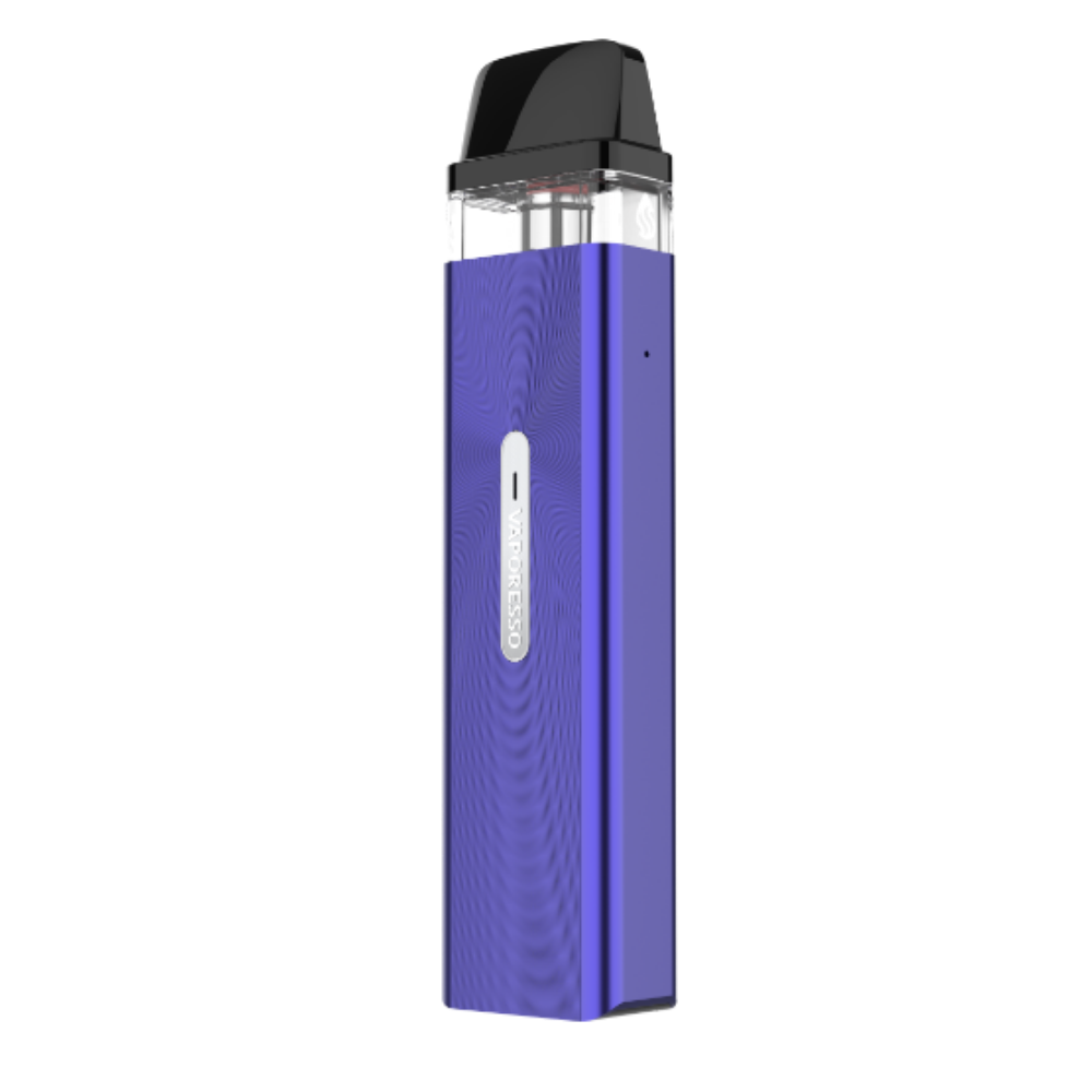 Vaporesso XROS Mini in purple. Features diamond pattern and Vaporesso logo. Compact MTL vaping device.