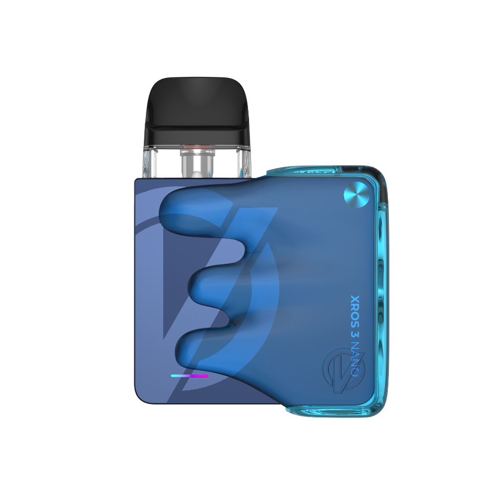 VAPORESSO XROS 3 Nano in blue, compact vape device with clear accents. Features XROS 3 Nano branding.