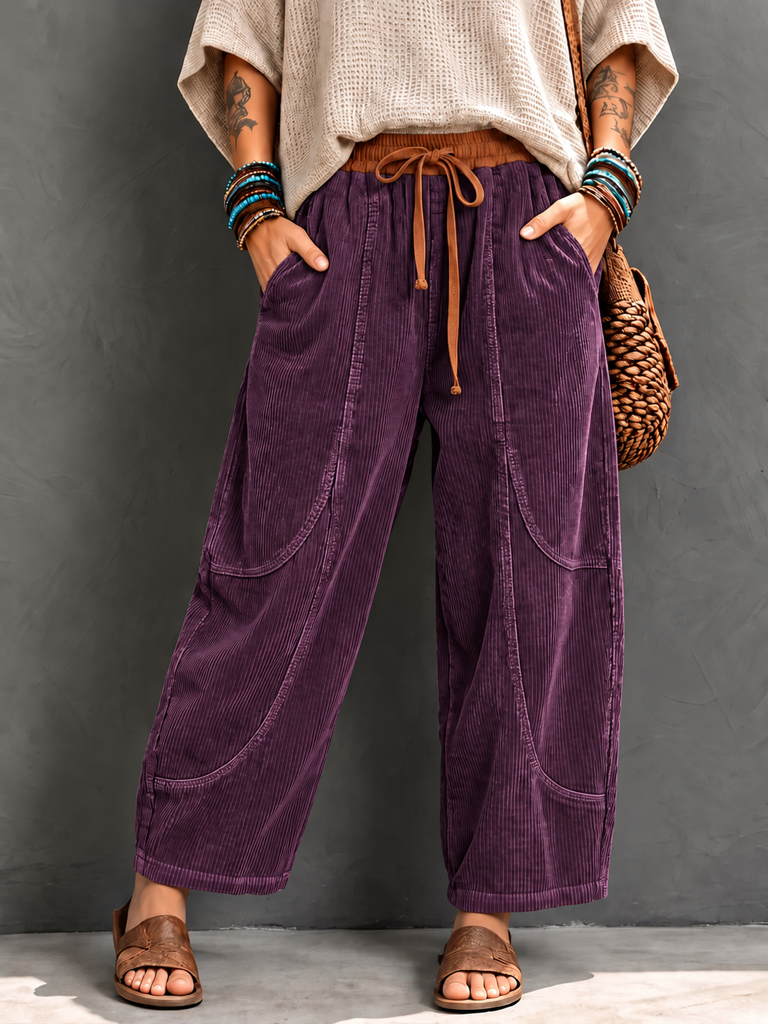 Casual Corduroy Harem Pants With Elastic Waist
