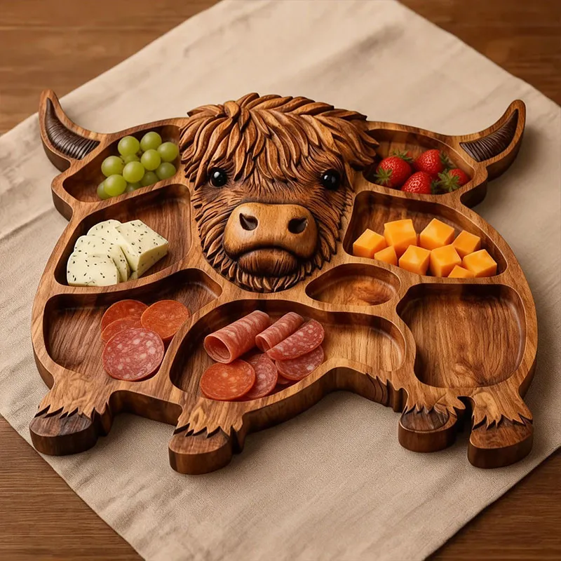 Highland Cow Wooden Charcuterie Board,Wooden Cow Food Platter for Snack