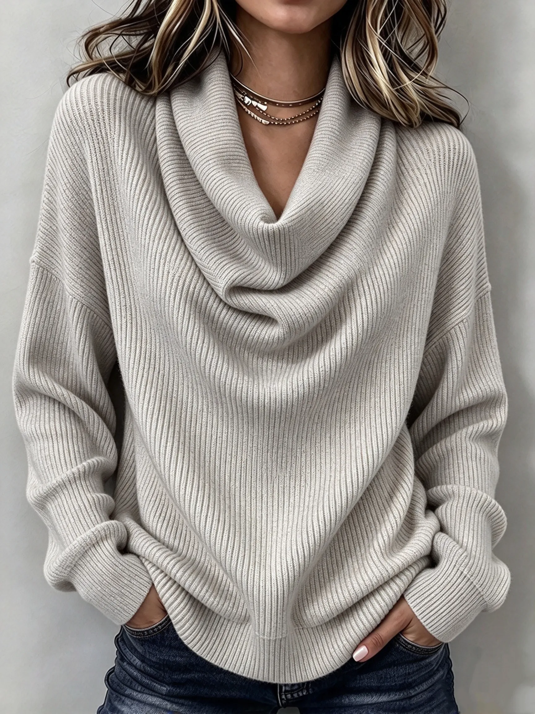Women's Cowl Neck Knit Sweater, Long Sleeve Solid Pullover Top