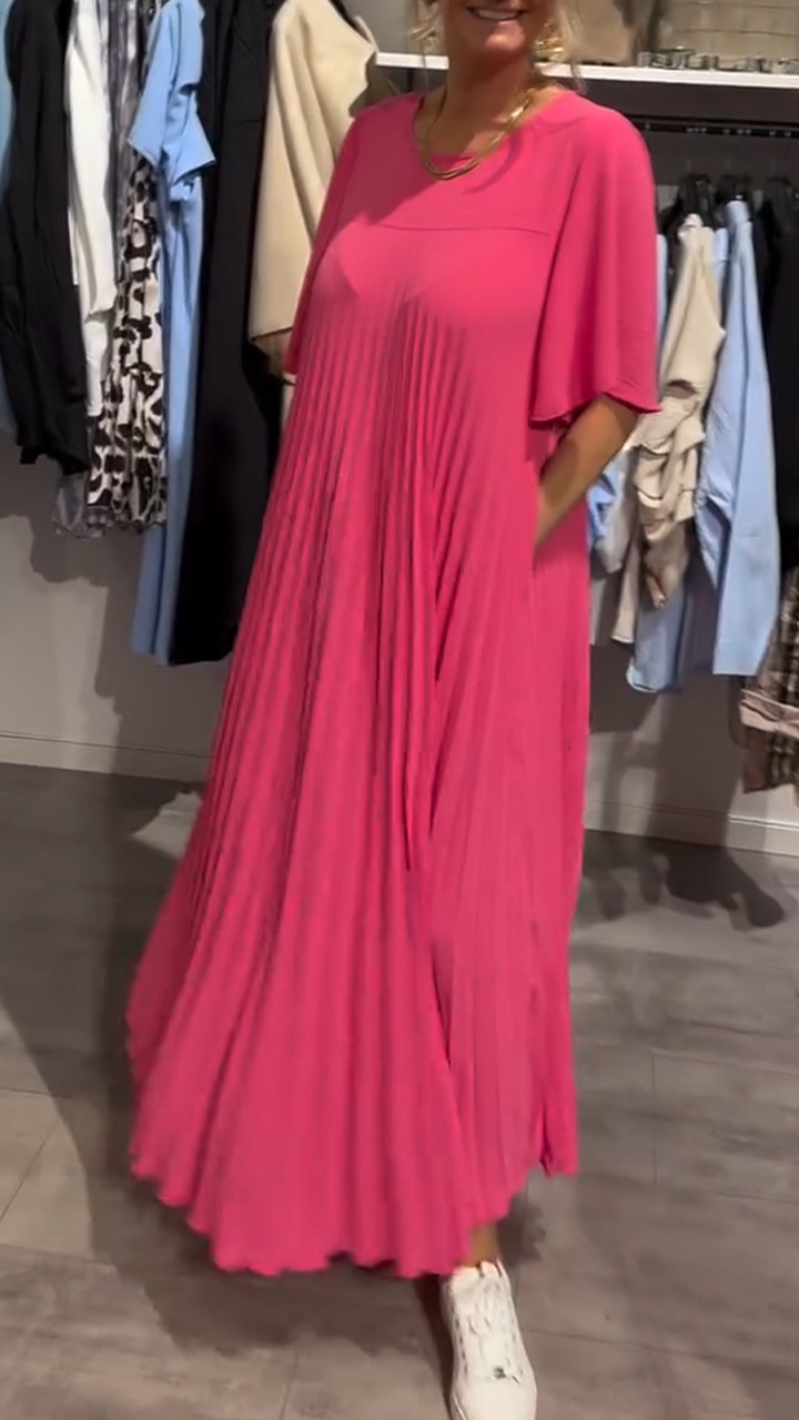 Women's Round Neck Pleated Casual Dress