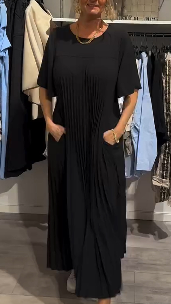 Women's Round Neck Pleated Casual Dress