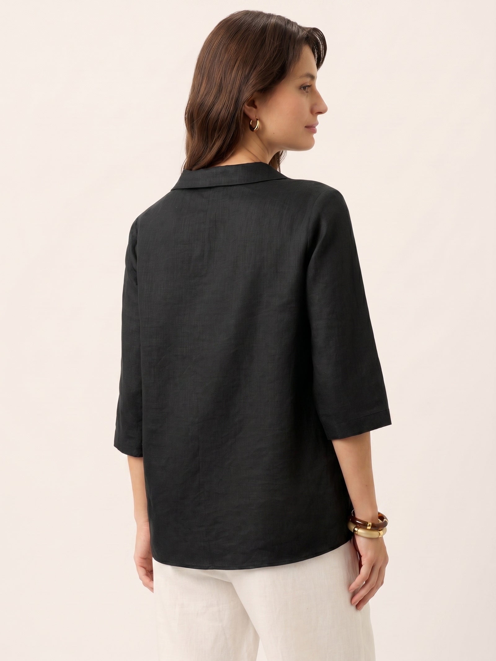 Women's 100% Linen Long-Sleeve Top with Asymmetric Neckline and Inverted Pleat