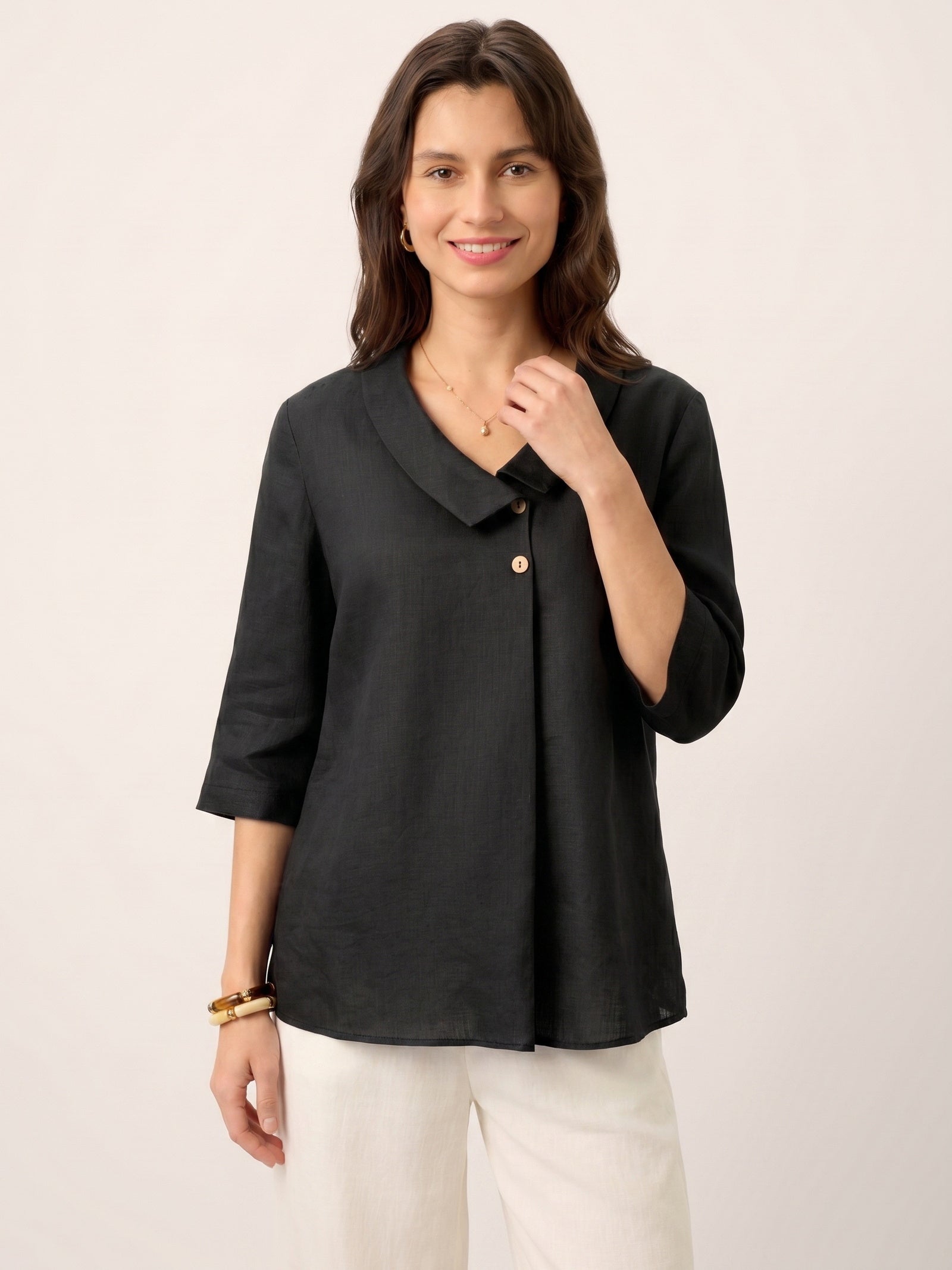 Women's 100% Linen Long-Sleeve Top with Asymmetric Neckline and Inverted Pleat