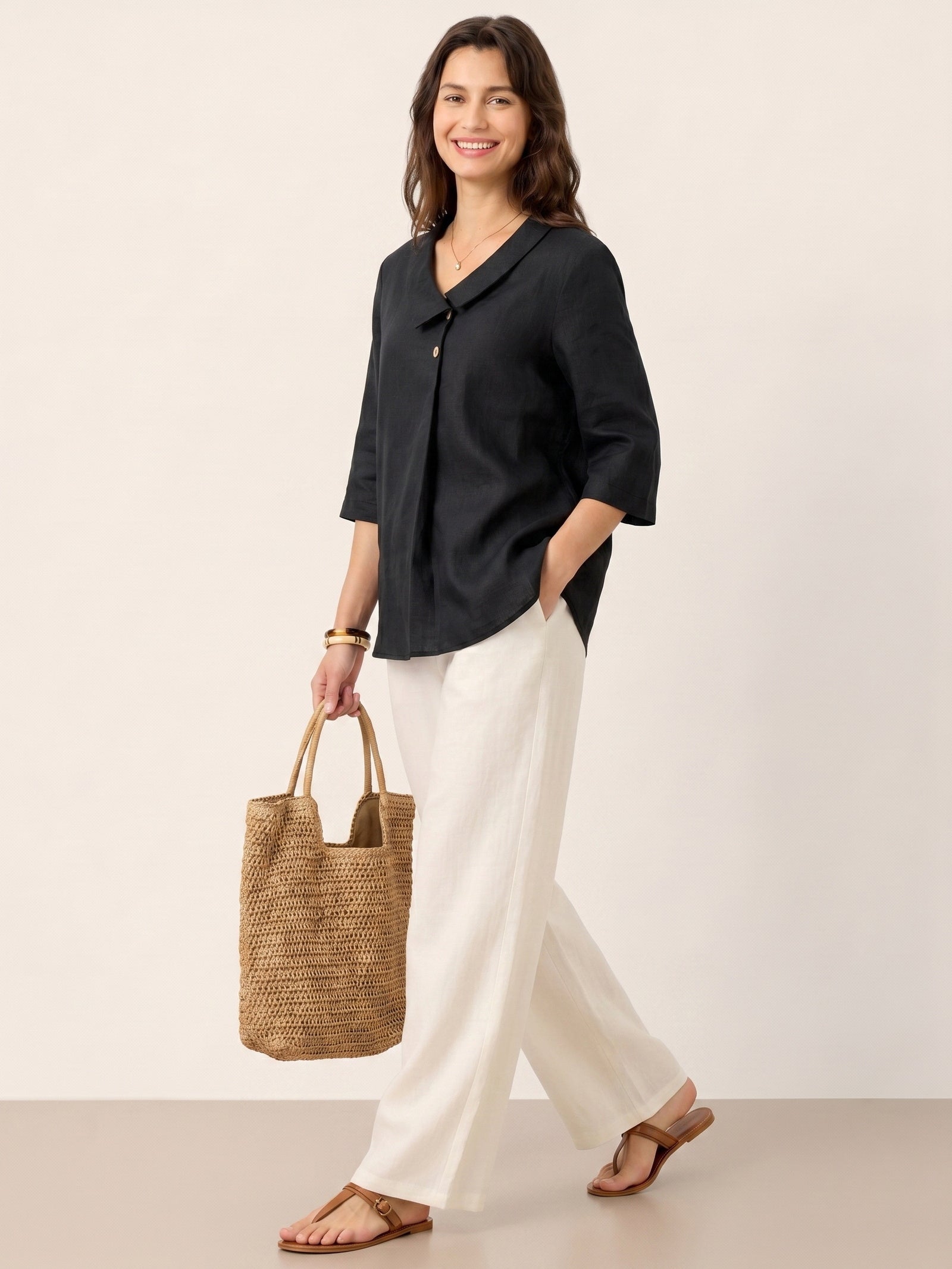 Women's 100% Linen Long-Sleeve Top with Asymmetric Neckline and Inverted Pleat