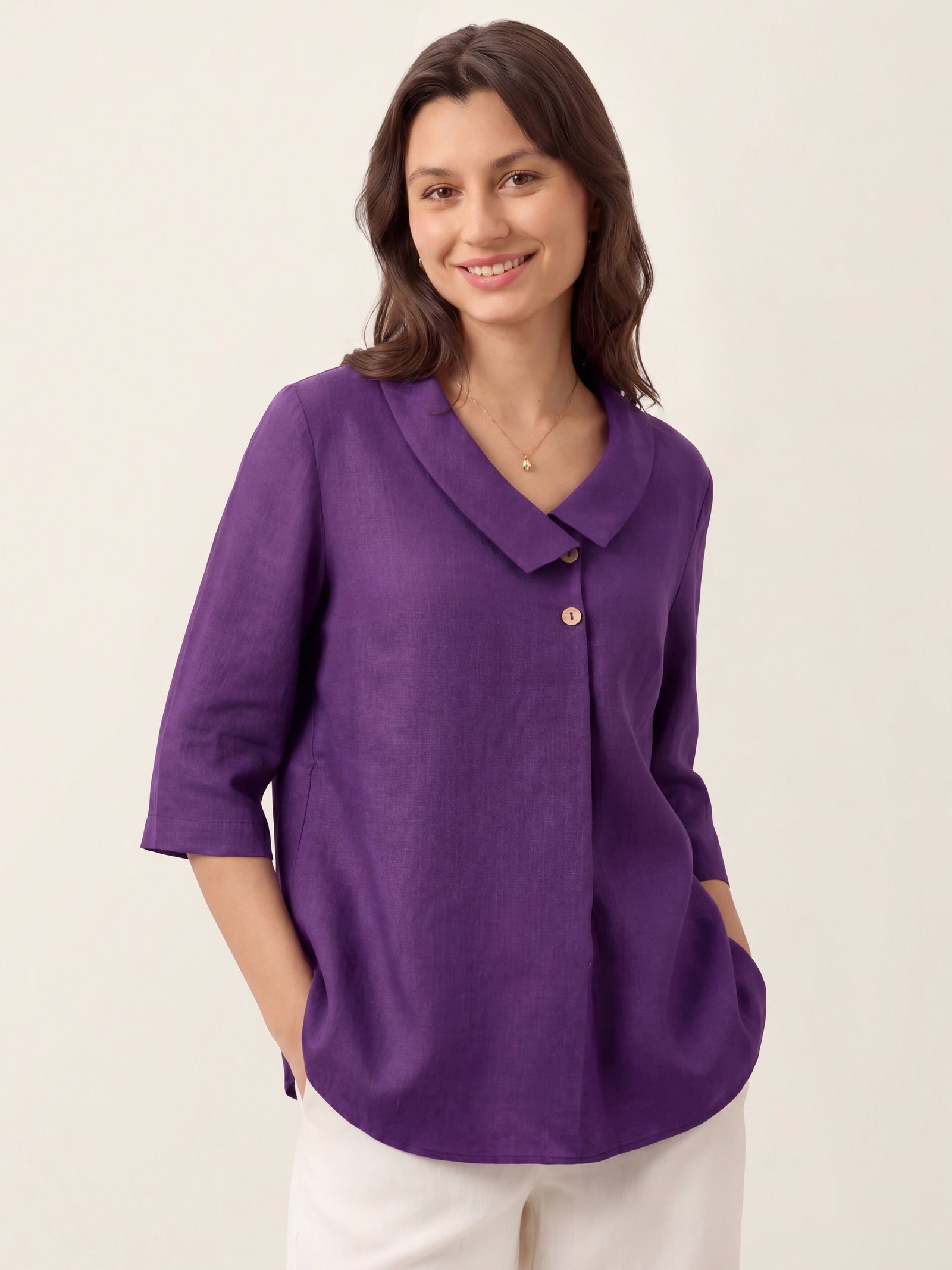 Women's 100% Linen Long-Sleeve Top with Asymmetric Neckline and Inverted Pleat