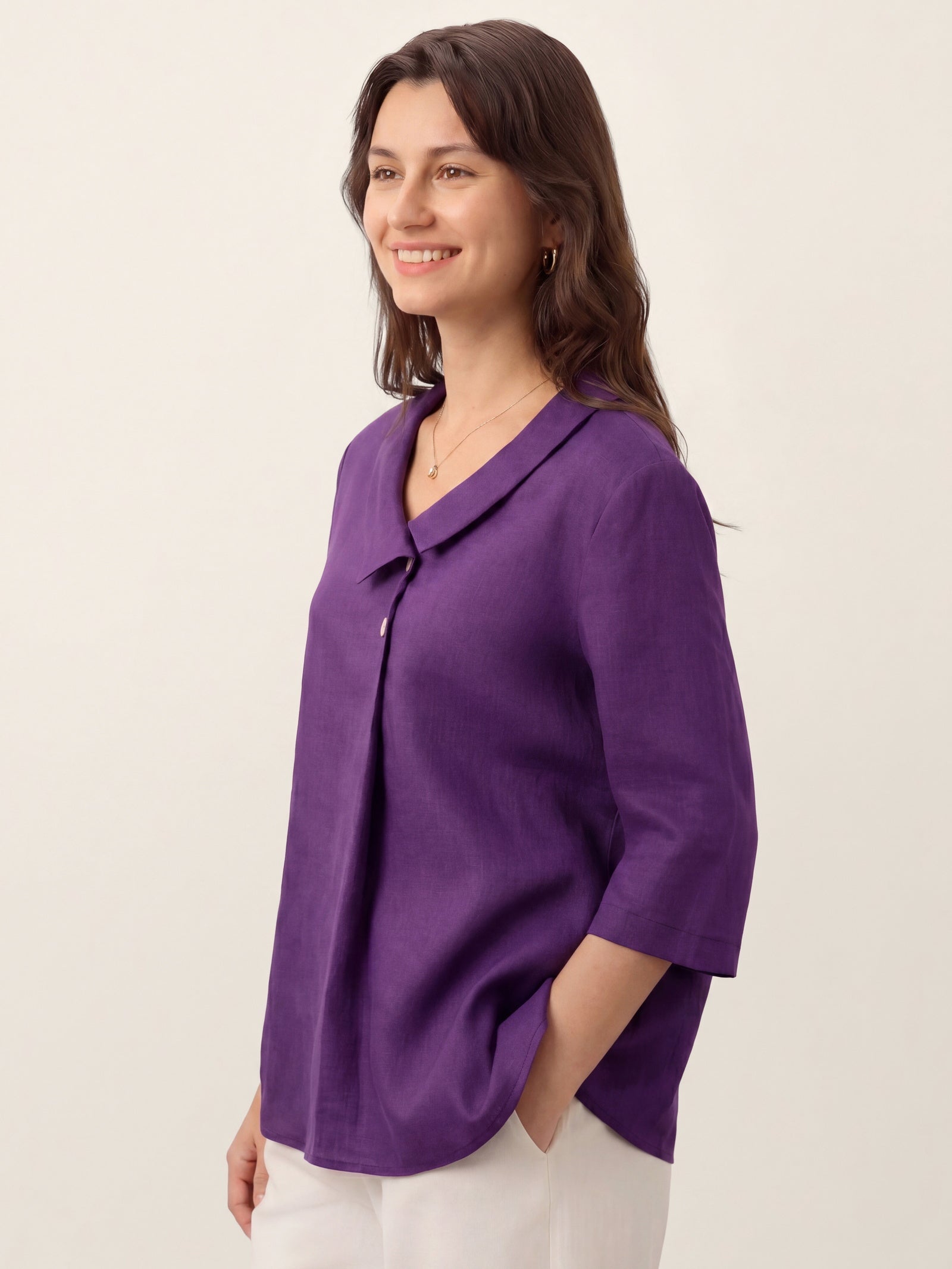Women's 100% Linen Long-Sleeve Top with Asymmetric Neckline and Inverted Pleat