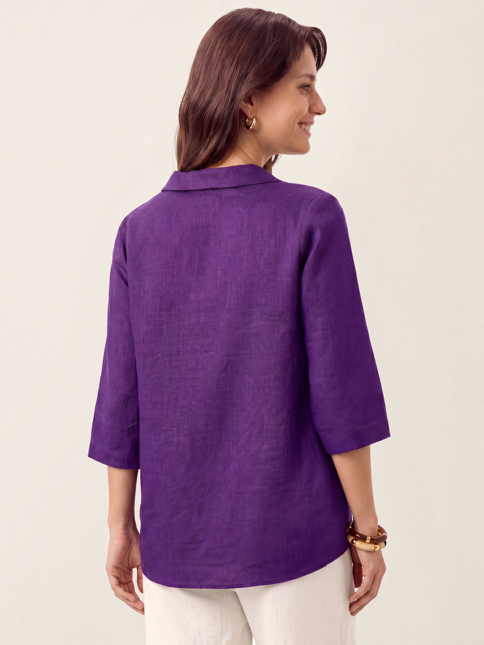 Women's 100% Linen Long-Sleeve Top with Asymmetric Neckline and Inverted Pleat