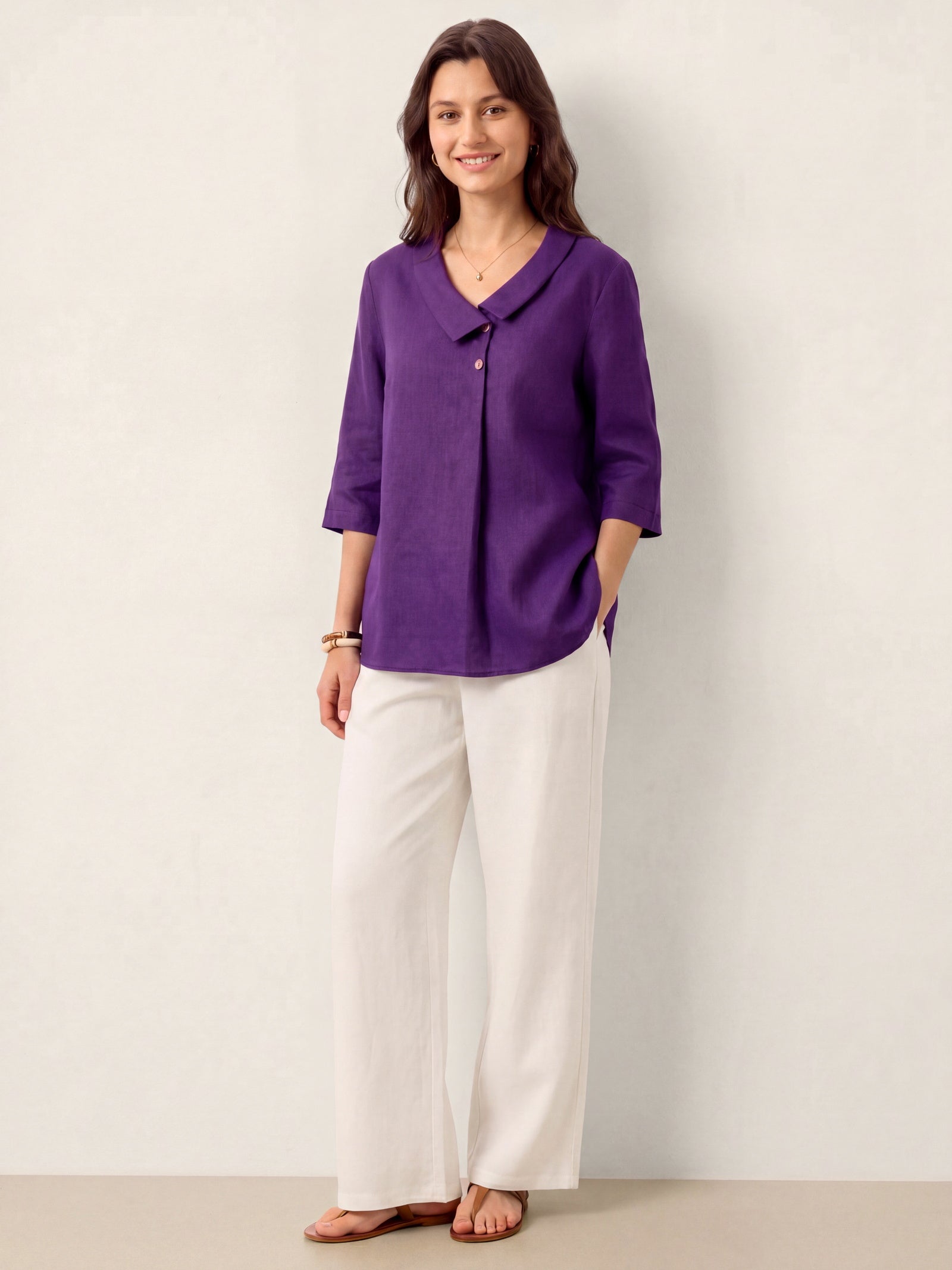 Women's 100% Linen Long-Sleeve Top with Asymmetric Neckline and Inverted Pleat
