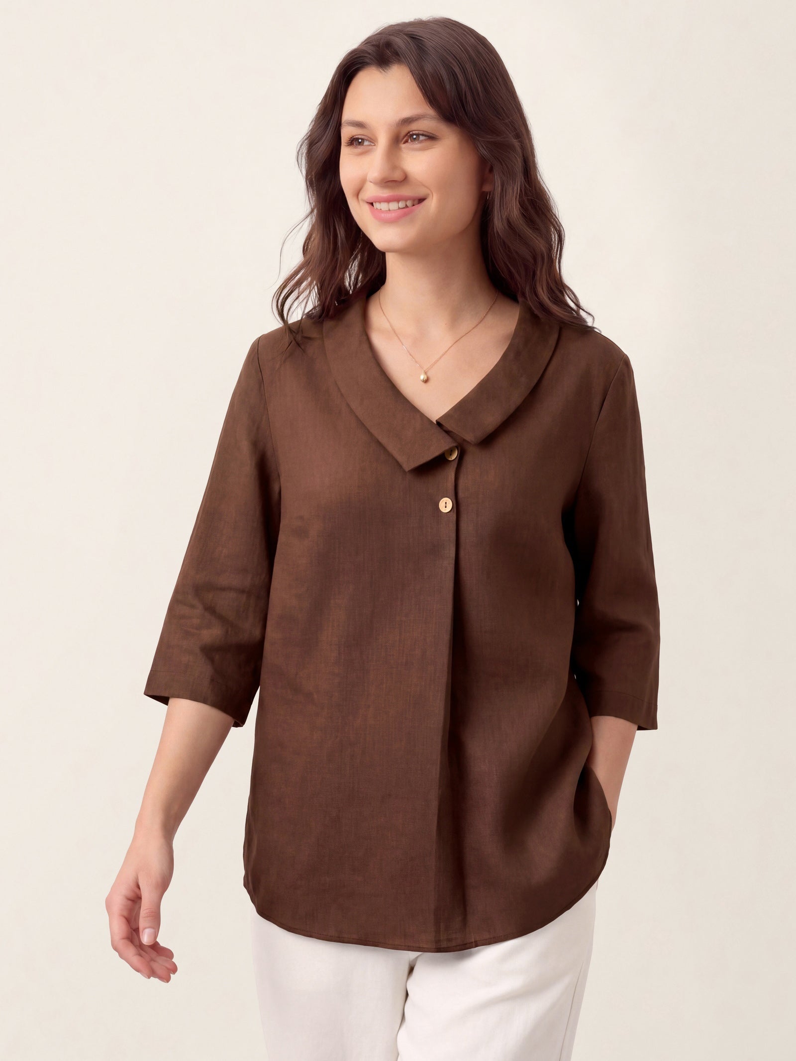 Women's 100% Linen Long-Sleeve Top with Asymmetric Neckline and Inverted Pleat